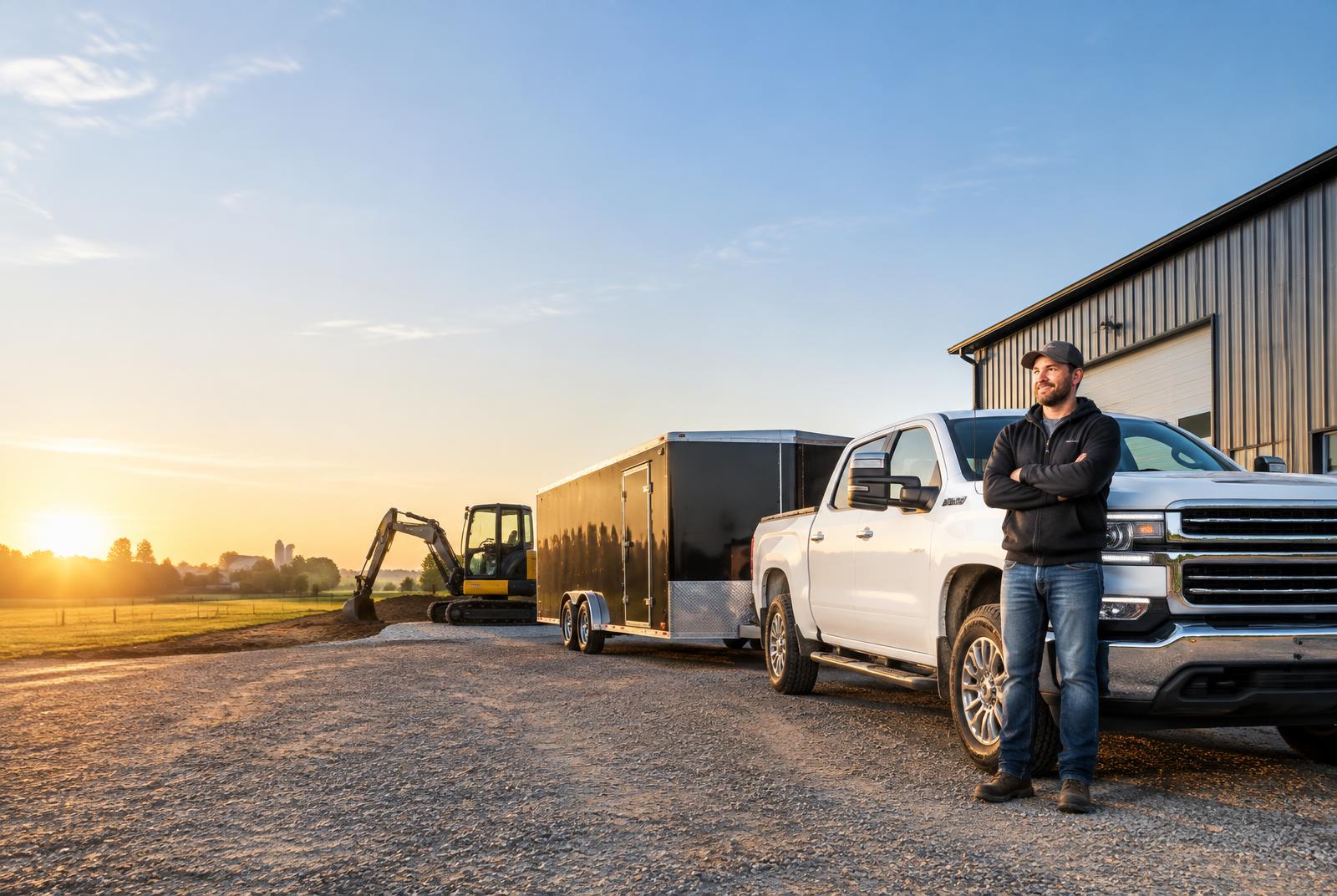 Business owner with a work truck, trailer, and construction equipment